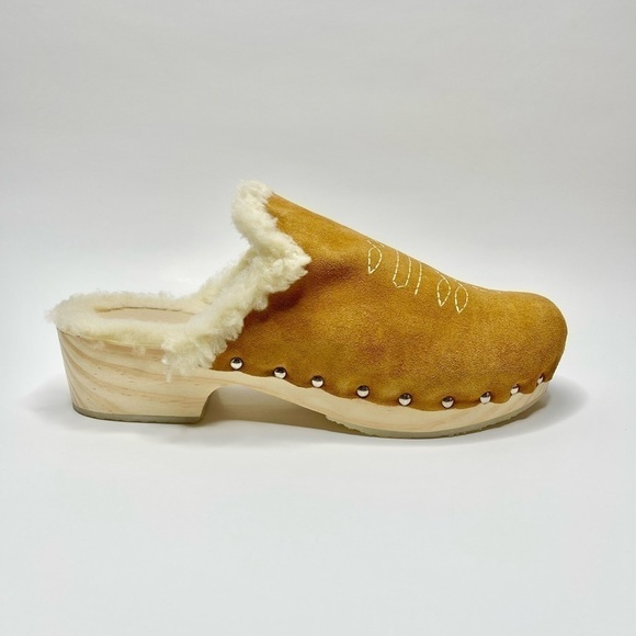 NEW Anthropologie Pilcro Tan Suede Shearling-lined Wooden Clog US 11/ EU 41 - Picture 1 of 8